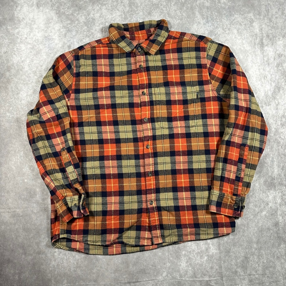 Eddie Bauer Men Large Plaid Flannel Button Down Shirt Orange Navy Blue Cabincore